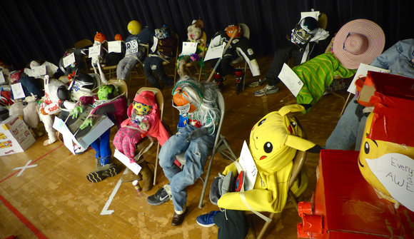 Scarecrows created by the fourth grade on display at Buck Elementary