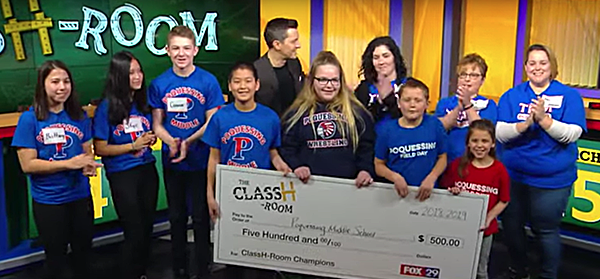 ClassH-Room contestants hold up contribution check from Fox 29