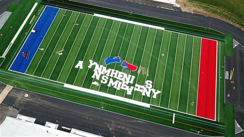 Turf field with letters and logo